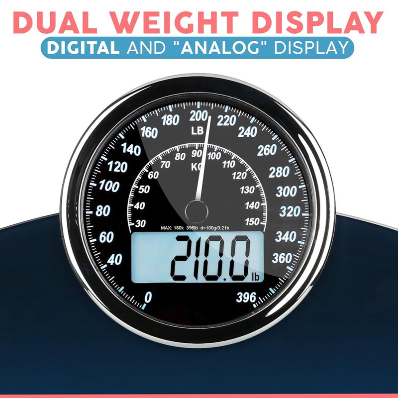 Adamson Hybrid 2-in-1 Analog & Digital Weighing Scale for Body Weight up to 400lbs - Thick Tempered Glass - Extra Large Display - Easy to Read Digital Bathroom Scale - Blue with Black Backlight - Image 3